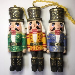 Hand Carved Nutcracker Ornaments - Green, Yellow, Blue (Set of 3)
